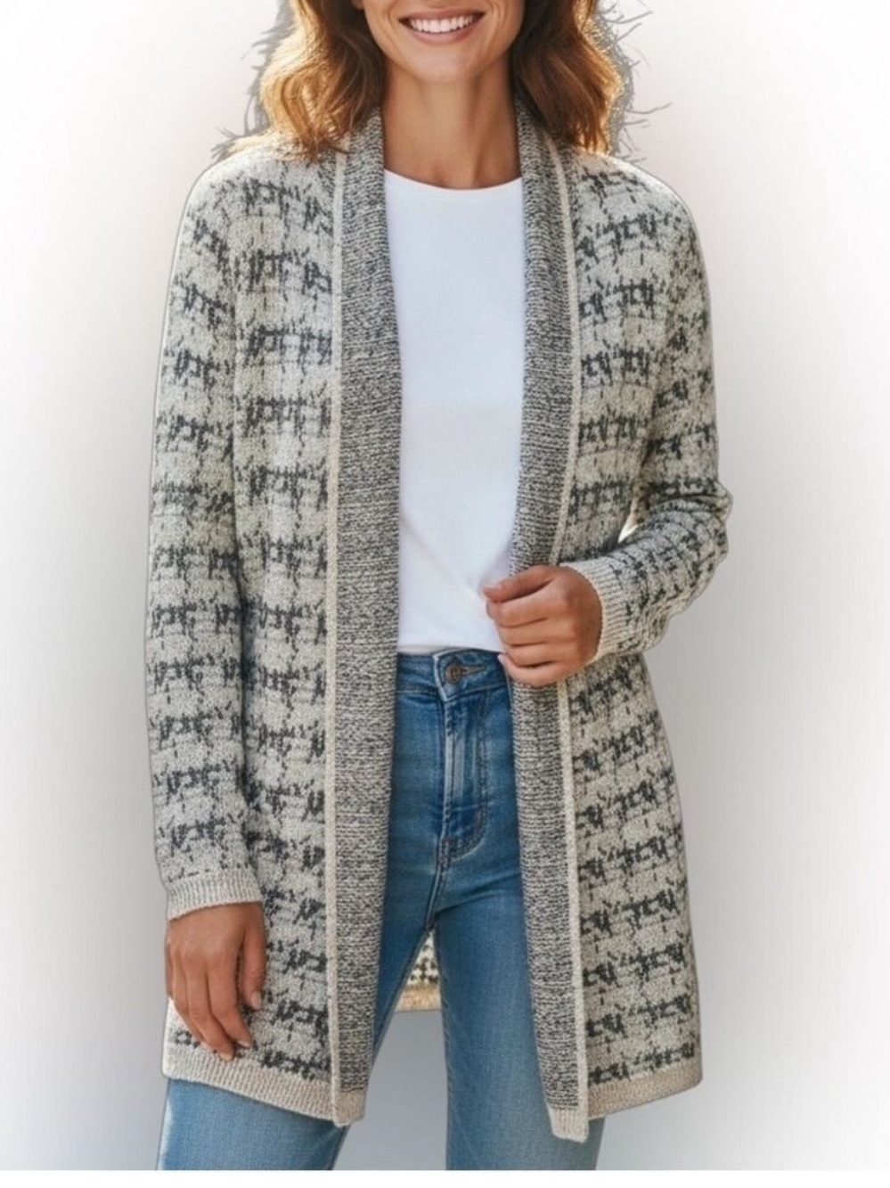 Cynthia Rowley Alpaca Blend Houndstooth Open Front Cardigan Sweater Medium Grey